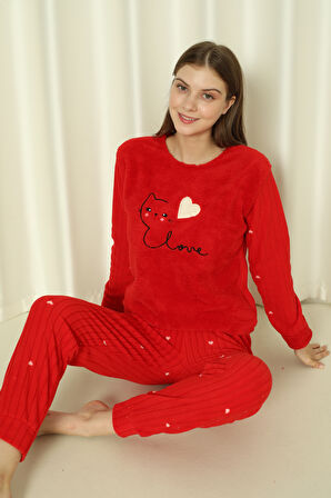 Fwn 04-3309 Peluş Welsoft Polar Kışlık Yumoş Kalpli Kedili Kadın Pijama Takımı