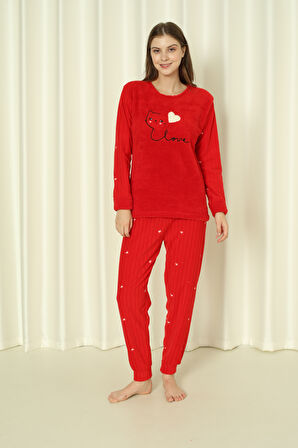 Fwn 04-3309 Peluş Welsoft Polar Kışlık Yumoş Kalpli Kedili Kadın Pijama Takımı