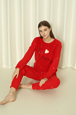 Fwn 04-3309 Peluş Welsoft Polar Kışlık Yumoş Kalpli Kedili Kadın Pijama Takımı