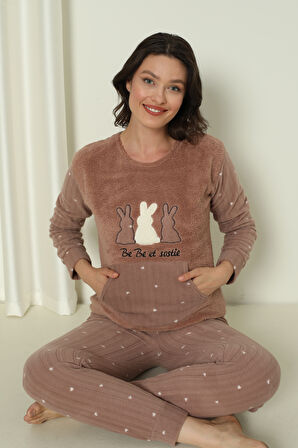 Fawn 04-3302 Peluş Welsoft Polar Kışlık Yumoş Tavşanlı Kadın Pijama Takımı