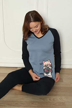 Fawn 04-3024 İnterlok Kumaş Minnoş Kedili Kışlık Ev Kadın Pijama Takımı