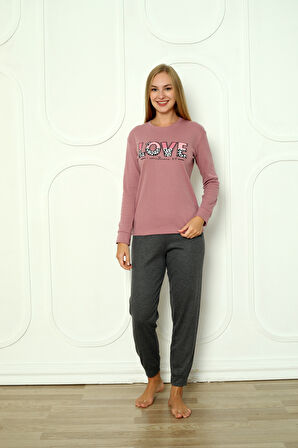 Fawn 04-3011 İnterlok Kumaş Love Baskılı Kışlık Ev Kadın Pijama Takımı