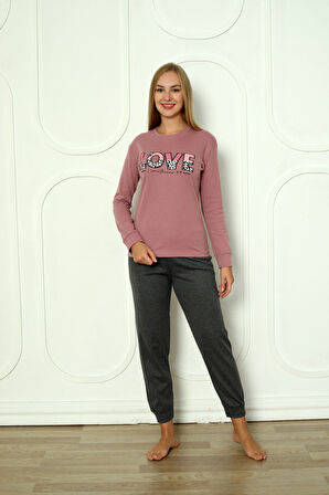 Fawn 04-3011 İnterlok Kumaş Love Baskılı Kışlık Ev Kadın Pijama Takımı