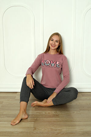 Fawn 04-3011 İnterlok Kumaş Love Baskılı Kışlık Ev Kadın Pijama Takımı