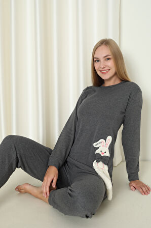Fwn 4002 İnterlok Kışlık Tavşanlı Kadın Ev Pijama Takımı