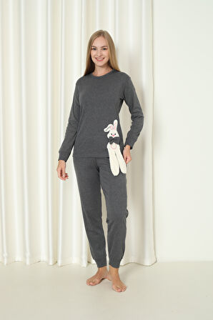 Fwn 4002 İnterlok Kışlık Tavşanlı Kadın Ev Pijama Takımı