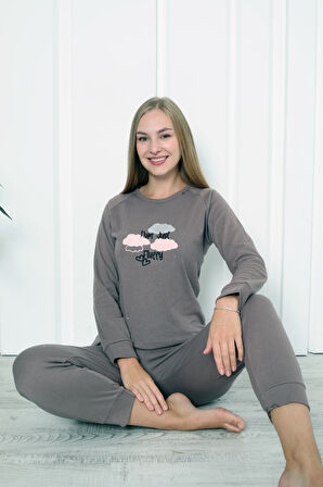 Fwn 4006 İnterlok Kışlık Bulut Desenli Kadın Pijama Takımı