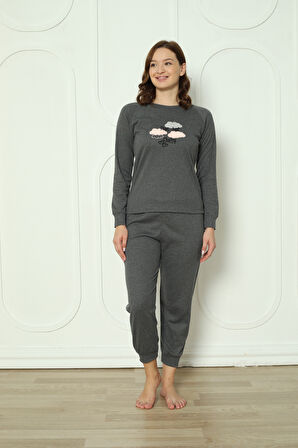 Fwn 4006 İnterlok Kışlık Bulut Desenli Kadın Pijama Takımı
