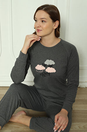 Fwn 4006 İnterlok Kışlık Bulut Desenli Kadın Pijama Takımı