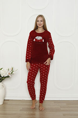 Fawn 5006 Peluş Welsoft Polar Kışlık Yumoş Kadın Pijama Takımı Uyuyan Kedili