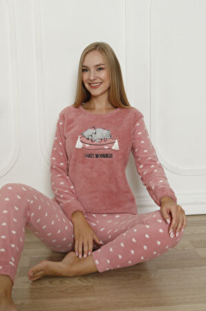 Fawn 5006 Peluş Welsoft Polar Kışlık Yumoş Kadın Pijama Takımı Uyuyan Kedili