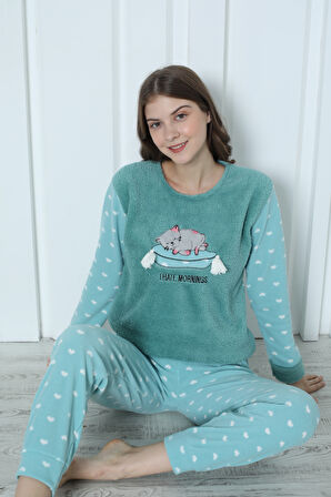 Fawn 5006 Peluş Welsoft Polar Kışlık Yumoş Kadın Pijama Takımı Uyuyan Kedili