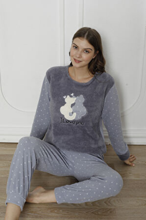 Fwn 3011 Peluş Welsoft Polar Kışlık Kadın Ev Kedi İşlemli Pijama Takımı