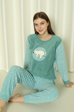 Fawn 3312 Peluş Welsoft Polar Kışlık Yumoş Uyuyan Ayılı Kadın Pijama Takımı