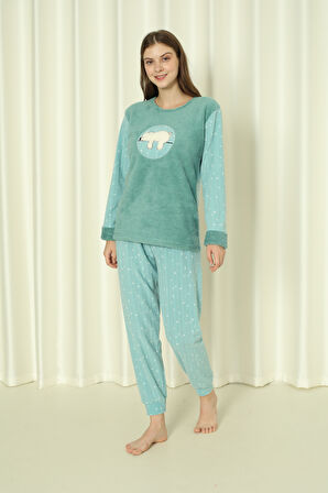 Fawn 3312 Peluş Welsoft Polar Kışlık Yumoş Uyuyan Ayılı Kadın Pijama Takımı