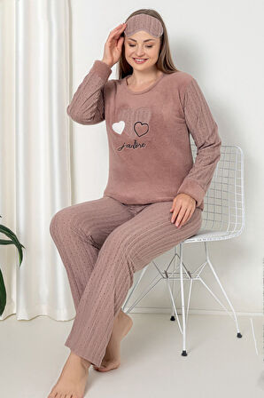 Fawn 5102 Peluş Welsoft Polar Kışlık Kalp Nakışlı Büyük Beden Kadın Pijama Takımı