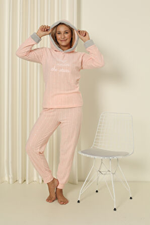 Fawn 3900 Peluş Welsoft Polar Kışlık Kapşonlu Kadın Pijama Takımı