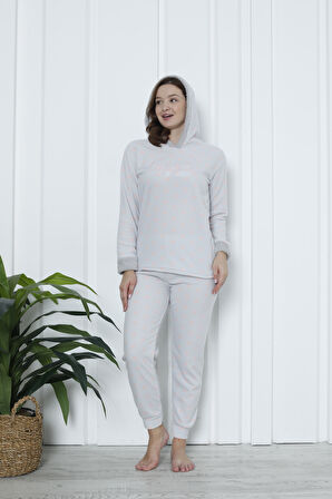 Fawn 3903 Peluş Welsoft Polar Kışlık Kapşonlu Kadın Pijama Takımı