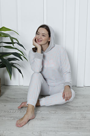 Fawn 3903 Peluş Welsoft Polar Kışlık Kapşonlu Kadın Pijama Takımı