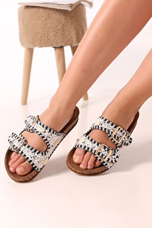 ENV Z183-0101 Yumuşak Tabanlı Esnek Deniz Kabuklu Taşlı Plaj Havuz Bahçe Yazlık Kadın Terlik