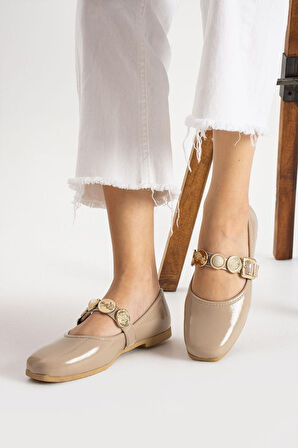 SB1608 Günlük Kadın Kemerli Taşlı Babet Hafif Rahat Şık Babet Ayakkabı