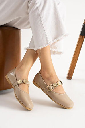 SB1608 Günlük Kadın Kemerli Taşlı Babet Hafif Rahat Şık Babet Ayakkabı