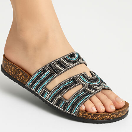 ENV Z183-0106 Yumuşak Tabanlı Esnek Plaj Havuz Bahçe Yazlık Parlak Taşlı Süslü Kadın Terlik