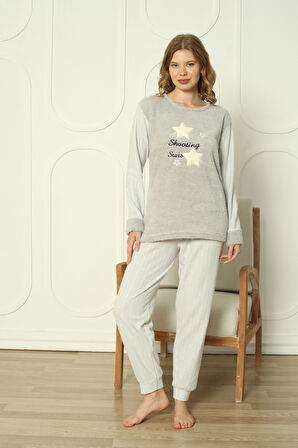 Fwn 3303 Peluş Welsoft Polar Kışlık Yumoş Yıldızlı Kadın Pijama Takımı