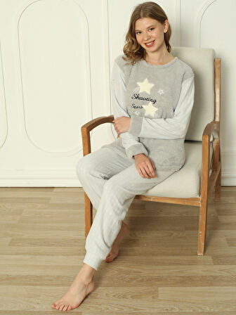 Fwn 3303 Peluş Welsoft Polar Kışlık Yumoş Yıldızlı Kadın Pijama Takımı