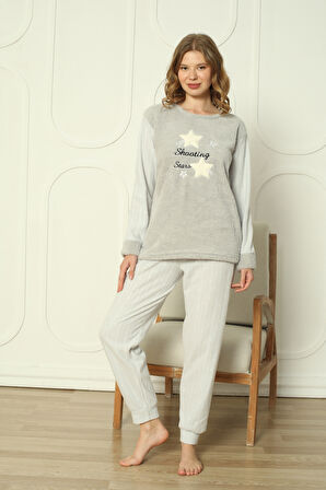 Fwn 3303 Peluş Welsoft Polar Kışlık Yumoş Yıldızlı Kadın Pijama Takımı