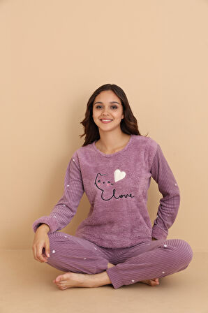 Fwn 04-3309 Peluş Welsoft Polar Kışlık Yumoş Kalpli Kedili Kadın Pijama Takımı