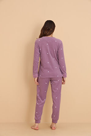 Fwn 04-3309 Peluş Welsoft Polar Kışlık Yumoş Kalpli Kedili Kadın Pijama Takımı