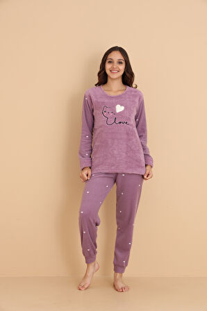 Fwn 04-3309 Peluş Welsoft Polar Kışlık Yumoş Kalpli Kedili Kadın Pijama Takımı