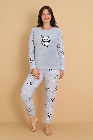 Fawn 1204 Peluş Welsoft Polar Kışlık Yumoş Panda Kadın Pijama Takımı