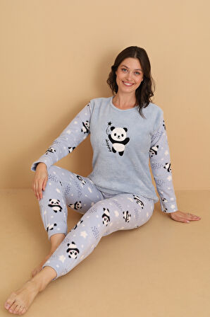 Fawn 1204 Peluş Welsoft Polar Kışlık Yumoş Panda Kadın Pijama Takımı