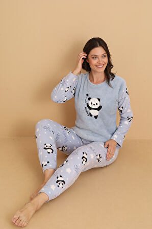 Fawn 1204 Peluş Welsoft Polar Kışlık Yumoş Panda Kadın Pijama Takımı
