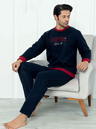 Falkom 7203 Yazılı Nakışlı Polar Kışlık Erkek Pijama Takımı Uyku Takımı