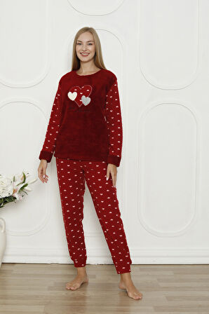 Fawn 3316 Peluş Welsoft Polar Kışlık Yumoş Kalpli Kadın Pijama Takımı