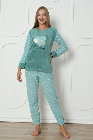 Fawn 3316 Peluş Welsoft Polar Kışlık Yumoş Kalpli Kadın Pijama Takımı