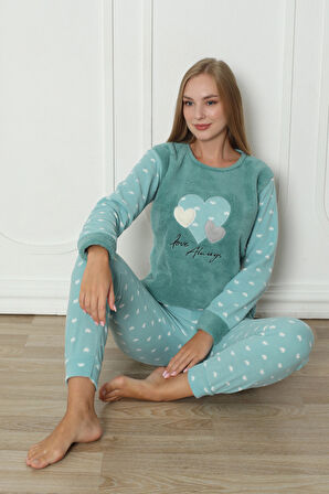 Fawn 3316 Peluş Welsoft Polar Kışlık Yumoş Kalpli Kadın Pijama Takımı