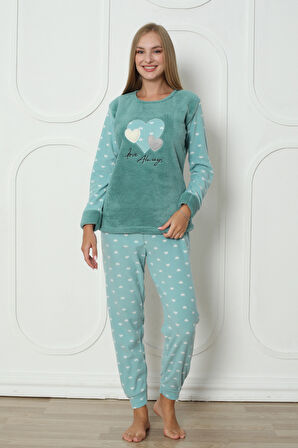 Fawn 3316 Peluş Welsoft Polar Kışlık Yumoş Kalpli Kadın Pijama Takımı