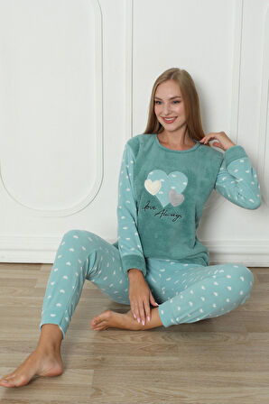 Fawn 3316 Peluş Welsoft Polar Kışlık Yumoş Kalpli Kadın Pijama Takımı