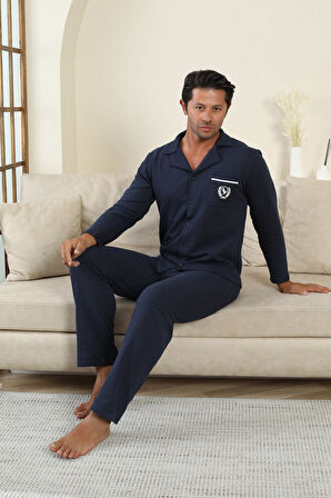 FLK 7000 Boydan Düğmeli Kışlık İki İplik Kalın Kumaş Erkek Ev Pijama Takımı