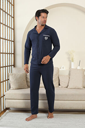 FLK 7000 Boydan Düğmeli Kışlık İki İplik Kalın Kumaş Erkek Ev Pijama Takımı