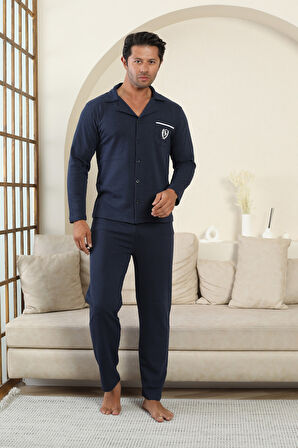 FLK 7000 Boydan Düğmeli Kışlık İki İplik Kalın Kumaş Erkek Ev Pijama Takımı
