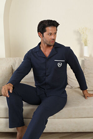 FLK 7000 Boydan Düğmeli Kışlık İki İplik Kalın Kumaş Erkek Ev Pijama Takımı
