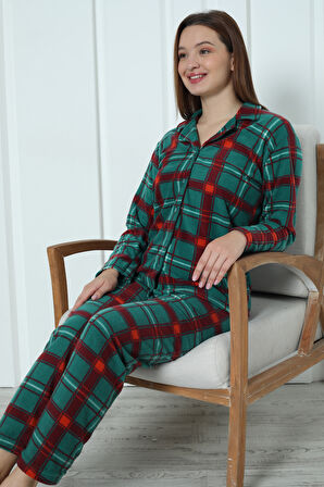 Fawn 3957 Boydan Düğmeli Polar Kışlık Kadın Pijama Takımı
