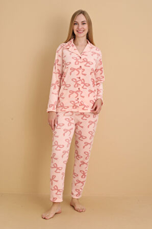 Fwn 1608 Boydan Düğmeli Polar Kumaşlı Kışlık Kadın Pijama Takımı