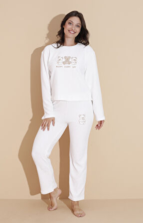 Mirano 9010 Havlu Kumaş Ayıcık Nakışlı Kışlık Kadın Eşofman Pijama Takımı