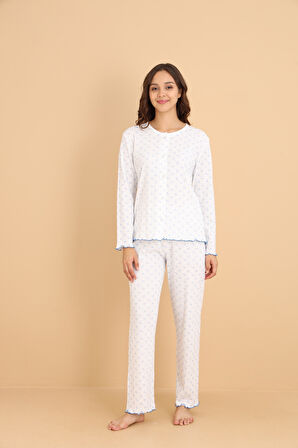 Mirano 8455 Pointel Kumaş Boydan Düğmeli Günlük Çiçekli Kadın Pijama Takımı